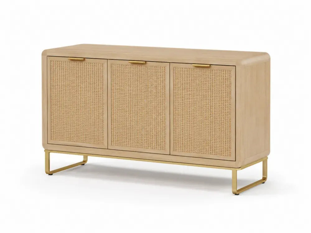 Aufbewahrungsschrank Sideboard mit 3 Türen 140 x 40 x 78 cm MDF Rattangeflecht Stahl eichenfarben naturbraun goldfarben schwarz