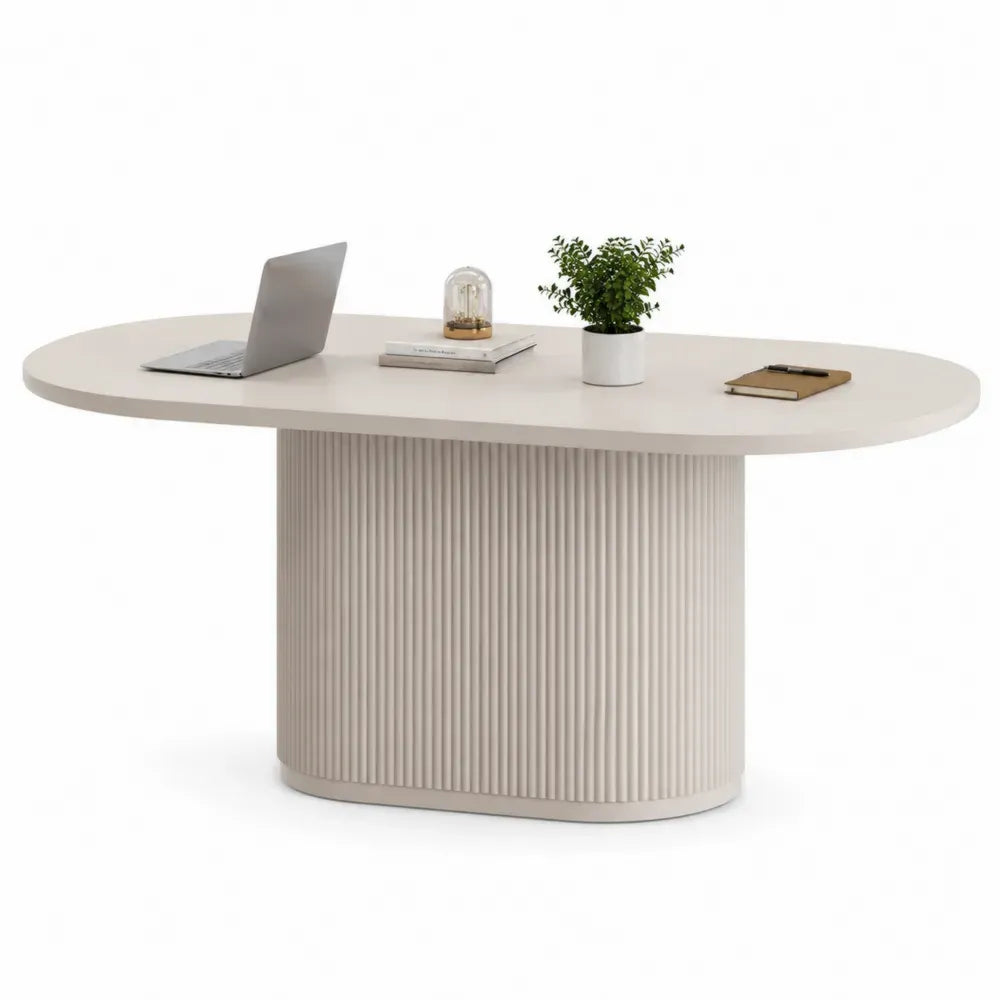 Ovaler Schreibtisch Besprechungstisch 200 x 100 x 75 cm lackierte MDF Cremeweiß mit Rillensockel