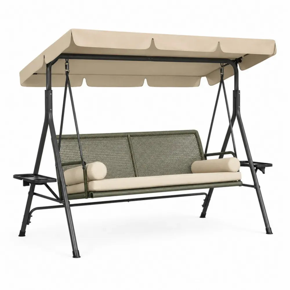 Hollywoodschaukel 3-Sitzer mit Sonnendach Seitenablagen Stahl PE-Rattan Polyester Beige Olivgrün Schwarz 220 x 125 x 170 cm
