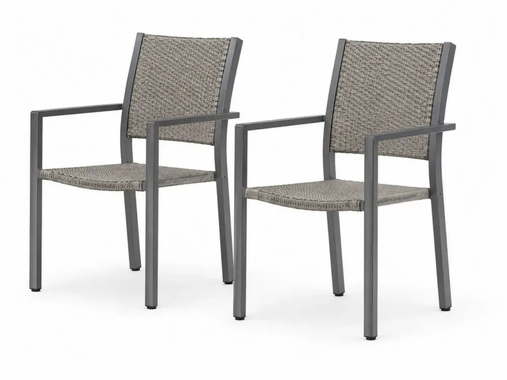 Gartenstuhl 2er Set mit Armlehnen aus Aluminium und PE Rattan stapelbar Dunkelgrau Grau Taupe 57 x 62 x 88 cm