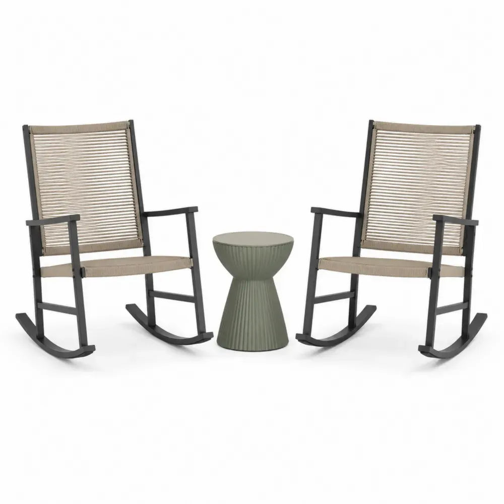 3-teiliges Gartenmöbel Set mit 2 Schaukelstühlen und rundem Beistelltisch Stahlrahmen Seilgeflecht Anthrazit Naturbeige Salbeigrün Stuhl 63 x 86 x 102 cm Tisch Ø 40 x 48 cm