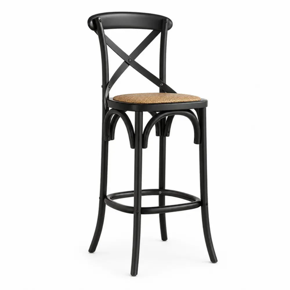 Barhocker mit X Rückenlehne 46 x 51 x 107 cm Buchenholz Papierseilgeflecht rund schwarz naturbraun