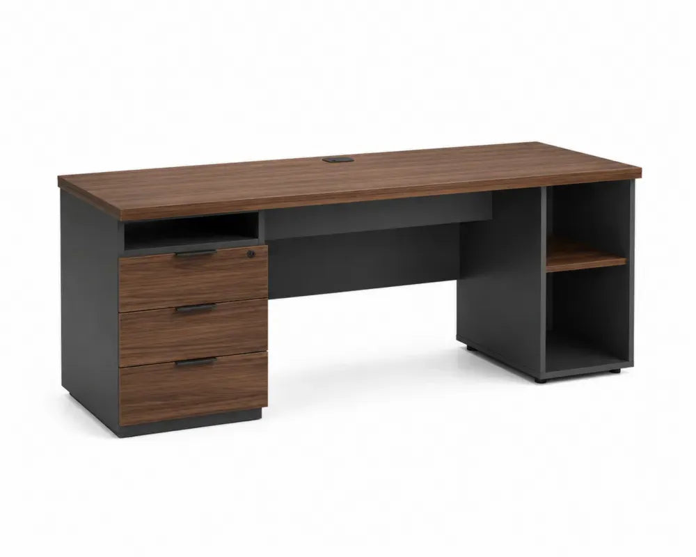 Schreibtisch 160 x 70 x 75 cm melaminbeschichtete Spanplatte rechteckig Walnuss Schwarz mit 3 Schubladen und Regalfach