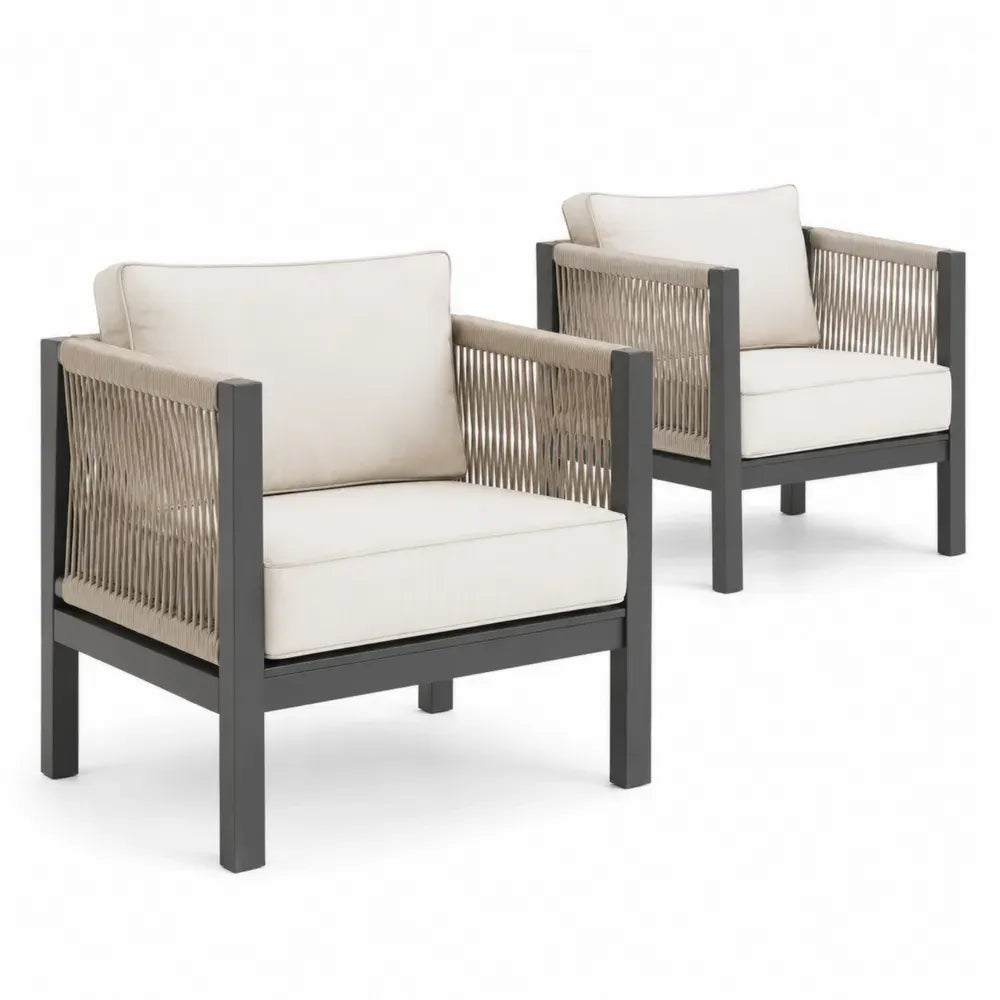 Garten Loungesessel 2er Set mit Armlehnen Aluminiumgestell Seilgeflecht Polyesterkissen Anthrazit Beige Cremeweiß je 72 x 78 x 78 cm