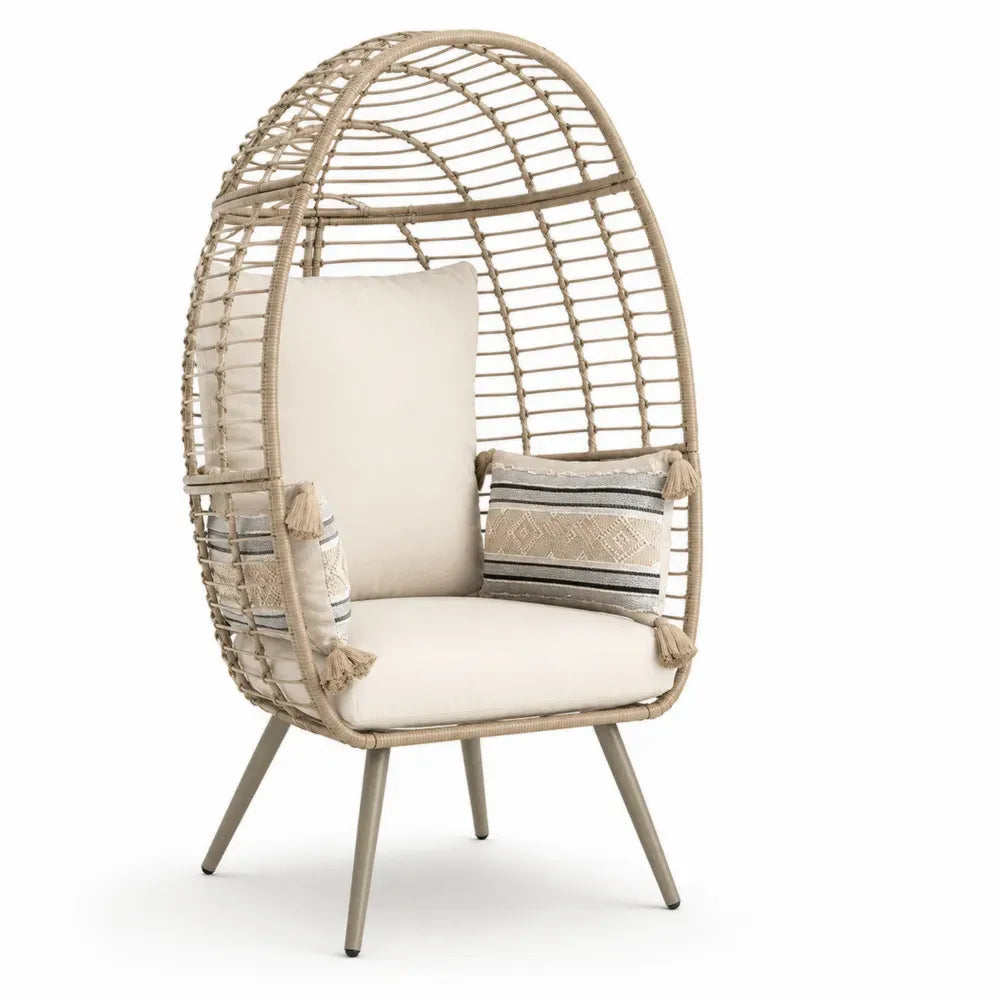 Garten Loungesessel mit Kissen PE-Rattan Stahlgestell eiförmig Beige Cremeweiß Taupe 88 x 78 x 150 cm