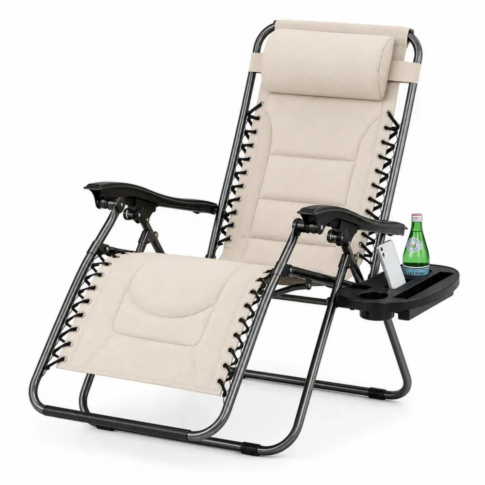 Klappbare Zero Gravity Gartenliege mit Kopfkissen Ablagetablett Getränkehalter Stahlrohr Beige Schwarz 165 x 67 x 113 cm