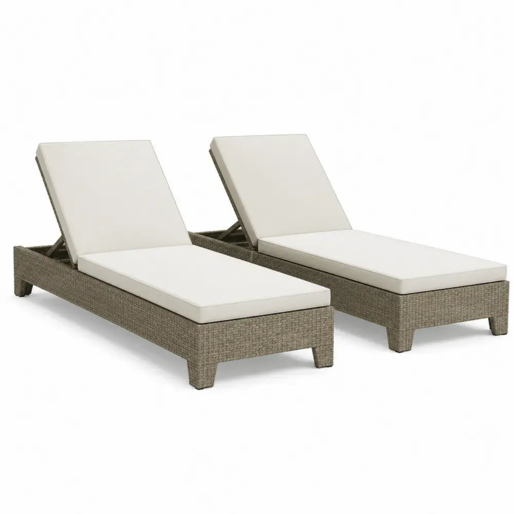 Sonnenliegen 2er Set verstellbar mit Auflagen PE-Rattan Stahlrahmen rechteckig Beige-Grau Cremeweiß je 200 x 65 x 32-85 cm