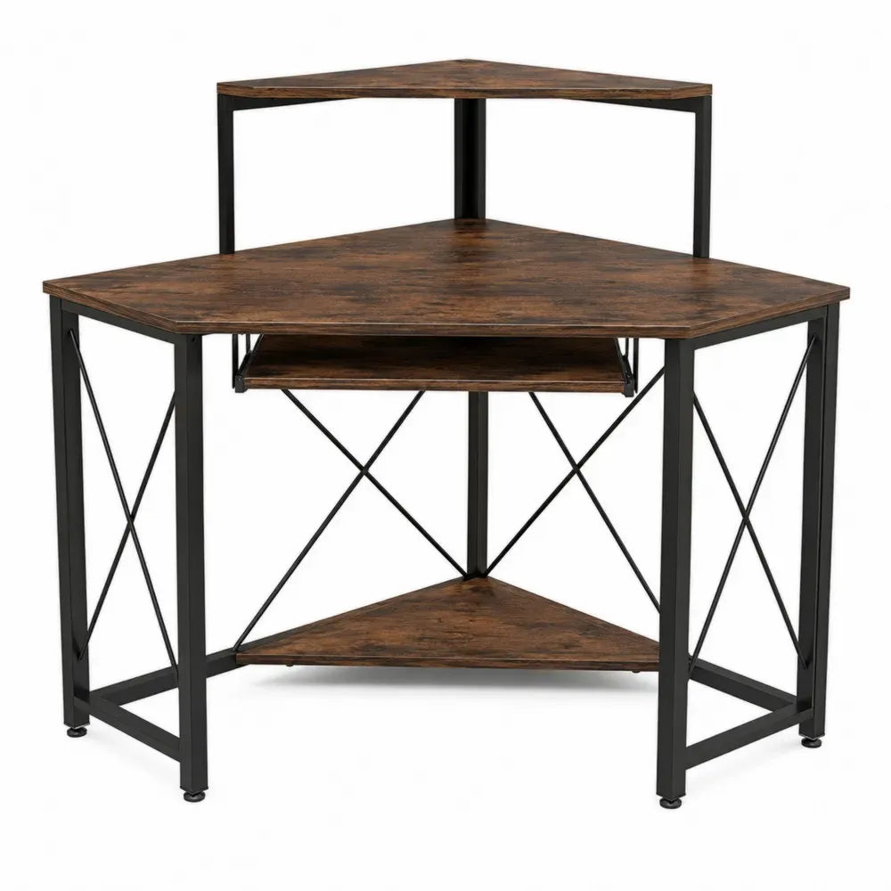 Eckschreibtisch Computertisch aus melaminbeschichteter Spanplatte und pulverbeschichtetem Stahl Braun Schwarz 120 x 120 x 88 cm mit Tastaturauszug