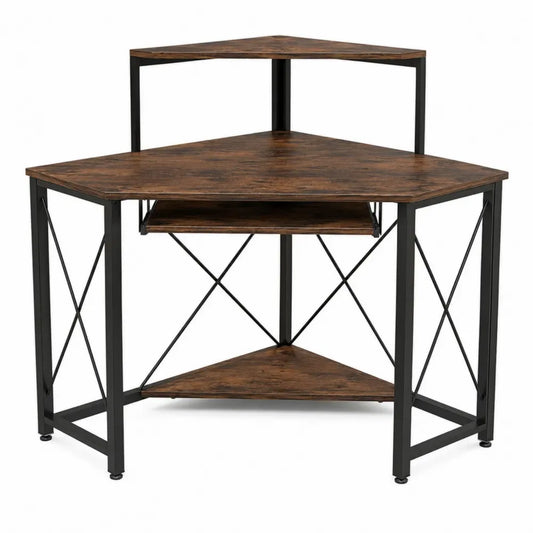 Eckschreibtisch Computertisch aus melaminbeschichteter Spanplatte und pulverbeschichtetem Stahl Braun Schwarz 120 x 120 x 88 cm mit Tastaturauszug