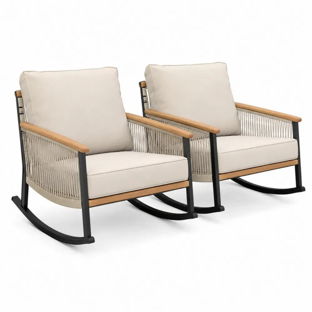 Gartenschaukelstühle 2er Set mit Armlehnen Stahlrahmen Seilgeflecht Polyesterkissen Cremeweiß Beige Schwarz Naturholz je 72 x 86 x 86 cm