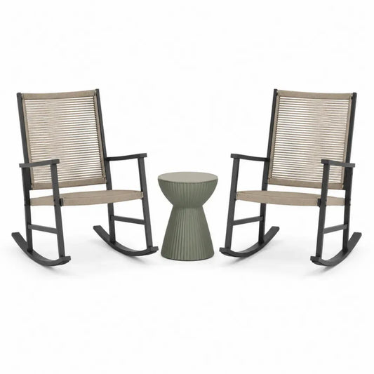 3-teiliges Gartenmöbel Set mit 2 Schaukelstühlen und rundem Beistelltisch Stahlrahmen Seilgeflecht Anthrazit Naturbeige Salbeigrün Stuhl 63 x 86 x 102 cm Tisch Ø 40 x 48 cm
