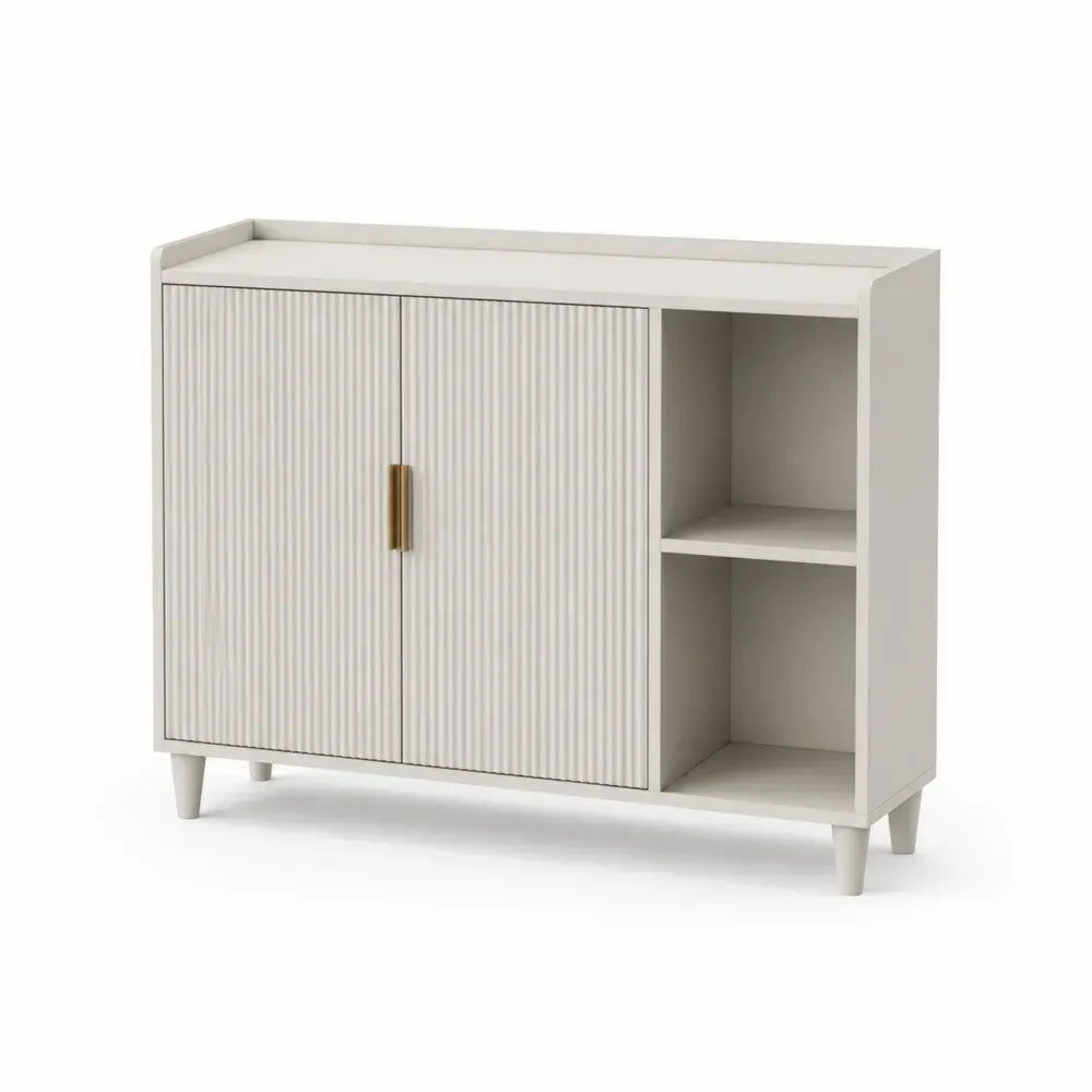 Aufbewahrungsschrank mit 2 Türen 2 offenen Fächern 110 x 35 x 80 cm lackierte MDF Kautschukholz Stahl geriffelte Fronten cremeweiß goldfarben