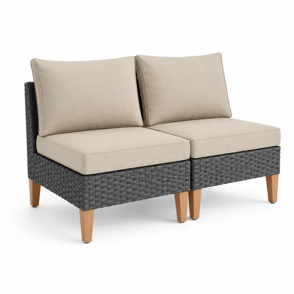 Modulare Gartenstühle 2er Set ohne Armlehnen mit Kissen PE Rattan Stahlrahmen Grau Beige Naturbraun rechteckig Gesamt 130 x 75 x 82 cm