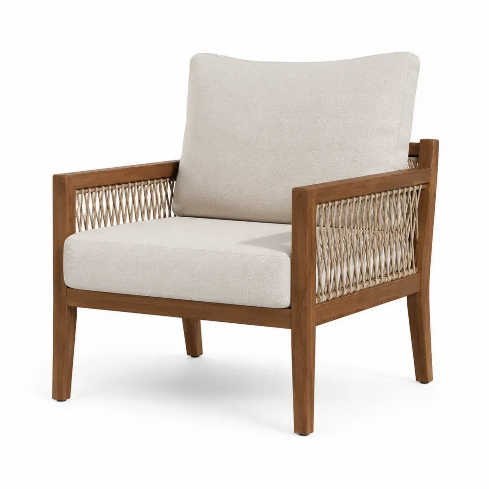 Gartensessel mit Armlehnen 76 x 74 x 83 cm Akazienholz PP Seilgeflecht Polyesterauflagen rechteckig naturbraun beige cremebeige schwarz