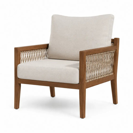 Gartensessel mit Armlehnen 76 x 74 x 83 cm Akazienholz PP Seilgeflecht Polyesterauflagen rechteckig naturbraun beige cremebeige schwarz
