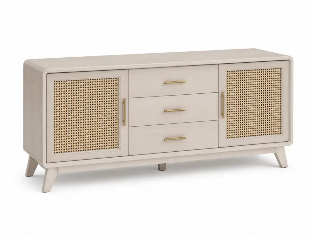 Aufbewahrungsschrank Sideboard mit 2 Rattantüren und 3 Schubladen 160 x 40 x 72 cm MDF rechteckig Cremeweiß Naturfarben Goldfarben
