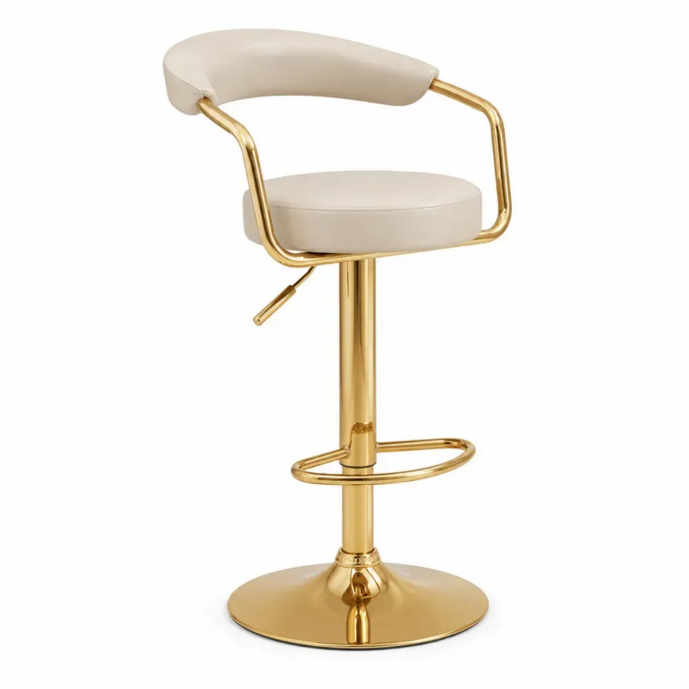Barhocker höhenverstellbar drehbar mit Rückenlehne 54 x 48 x 86 bis 106 cm PU Kunstleder Stahl rund cremeweiß goldfarben schwarz
