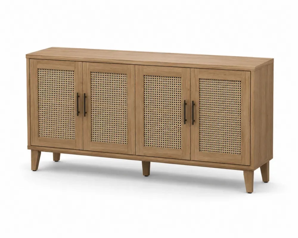 Aufbewahrungsschrank Sideboard mit 4 Türen 160 x 40 x 80 cm MDF Rattangeflecht Kautschukholz rechteckig naturbraun schwarz