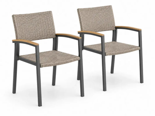 Gartenstuhl 2er Set mit Armlehnen 57 x 62 x 88 cm Aluminium PE Rattan Akazienholz rechteckig dunkelgrau grau taupe naturbraun schwarz