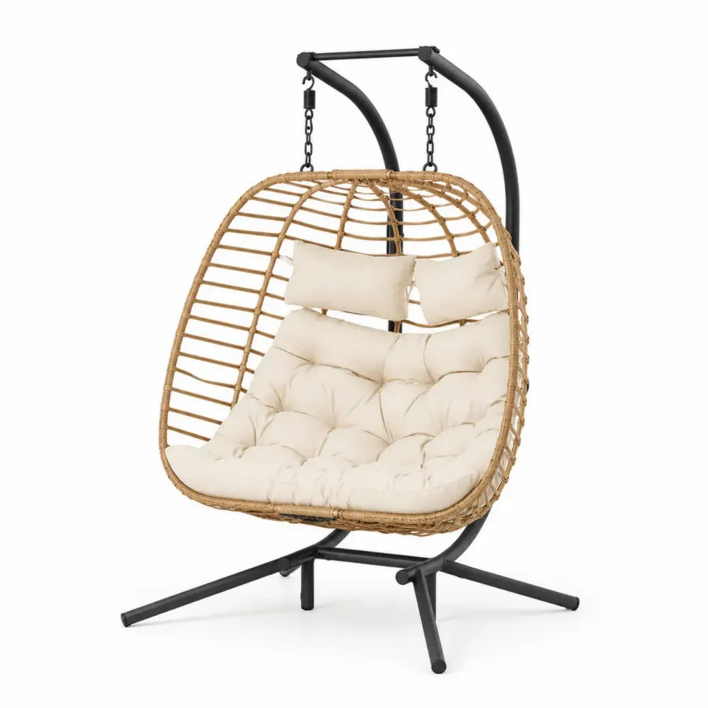 Hängesessel mit Gestell und Kissen 105 x 100 x 195 cm PE Rattan Stahl rechteckig gerundet naturfarben cremeweiß schwarz