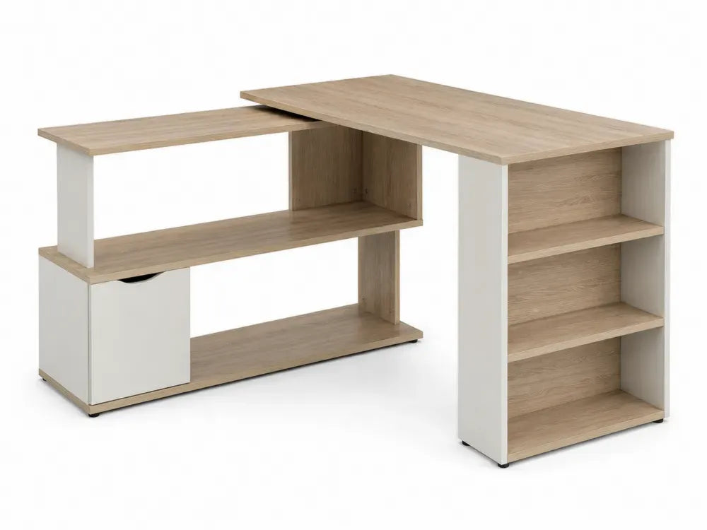 L-förmiger Schreibtisch mit Regal 145 x 120 x 75 cm melaminbeschichtete Spanplatte Eiche-Dekor Weiß
